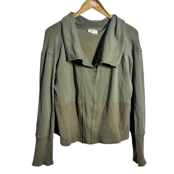 Heyson Jacket Women L Olive Green Patchwork Relaxed Asymmetrical Zip Lagenlook - Picture 1 of 8